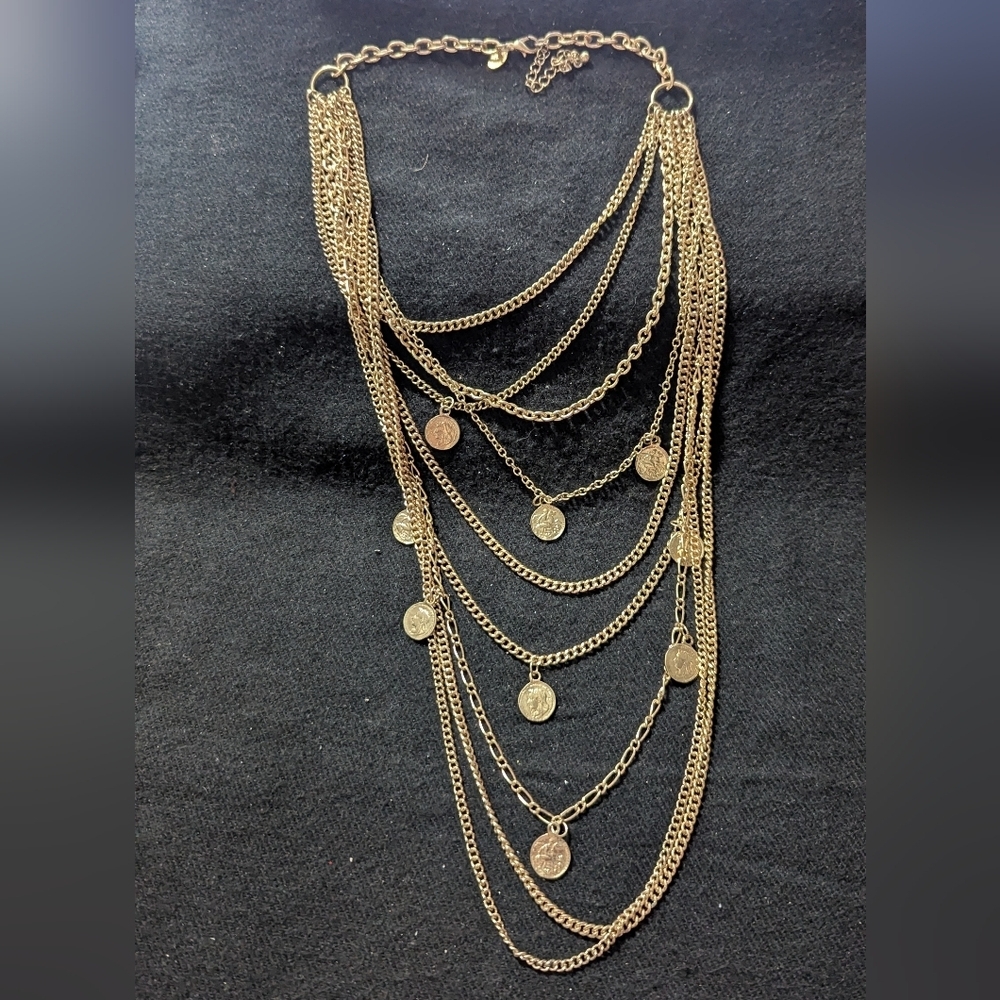 Lydell Gold Tone Layered Chain Faux Coin Statement Necklace